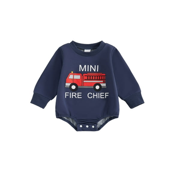 Qmyliery Baby Boy Autumn Sweatshirt Jumpsuit Long Sleeve Round Neck Fire Engine Embroidery Romper