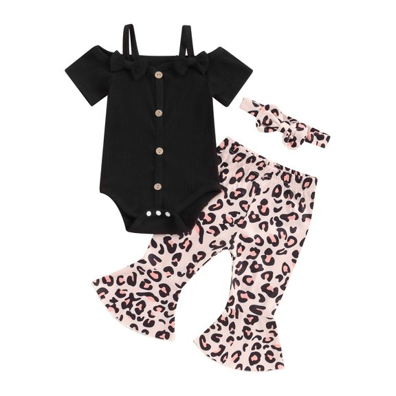Baby Girls Summer Outfit, Short Sleeve Romper with Flower Leopard Print Flare Pants and Bowknot Headband