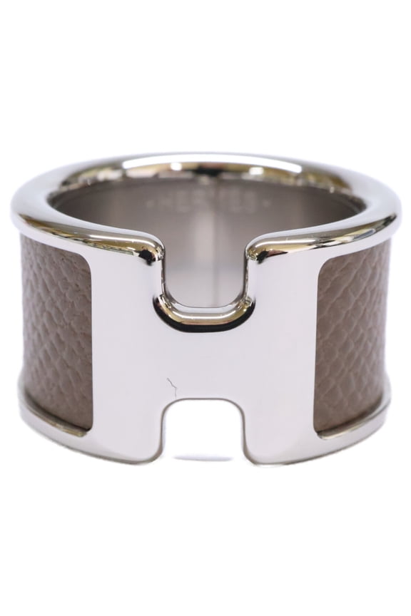 Pre-Owned HERMES H500059F18KM Olympe GM Ring, Size M, Etoupe Palladium, Women's