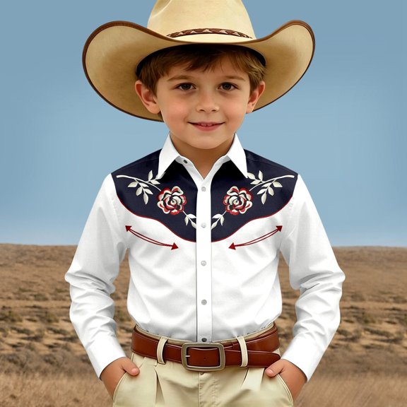 SOFTCCLO Boys Shirts Long Sleeve Lapel Collar Button Down Tops Classic Western Cowboy Print Casual Comfy Shirt for Boys Size 4-5Y