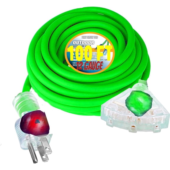 12/3 Extension Cord 100 ft Outdoor Indoor Heavy Duty 100 ft Extension Cord 12/3 12 Gauge Extension Cord 3 Outlet Lighted 15 Amp 1875 Watts Triple Outlet 12 Gauge Extension Cord 100 ft Copper