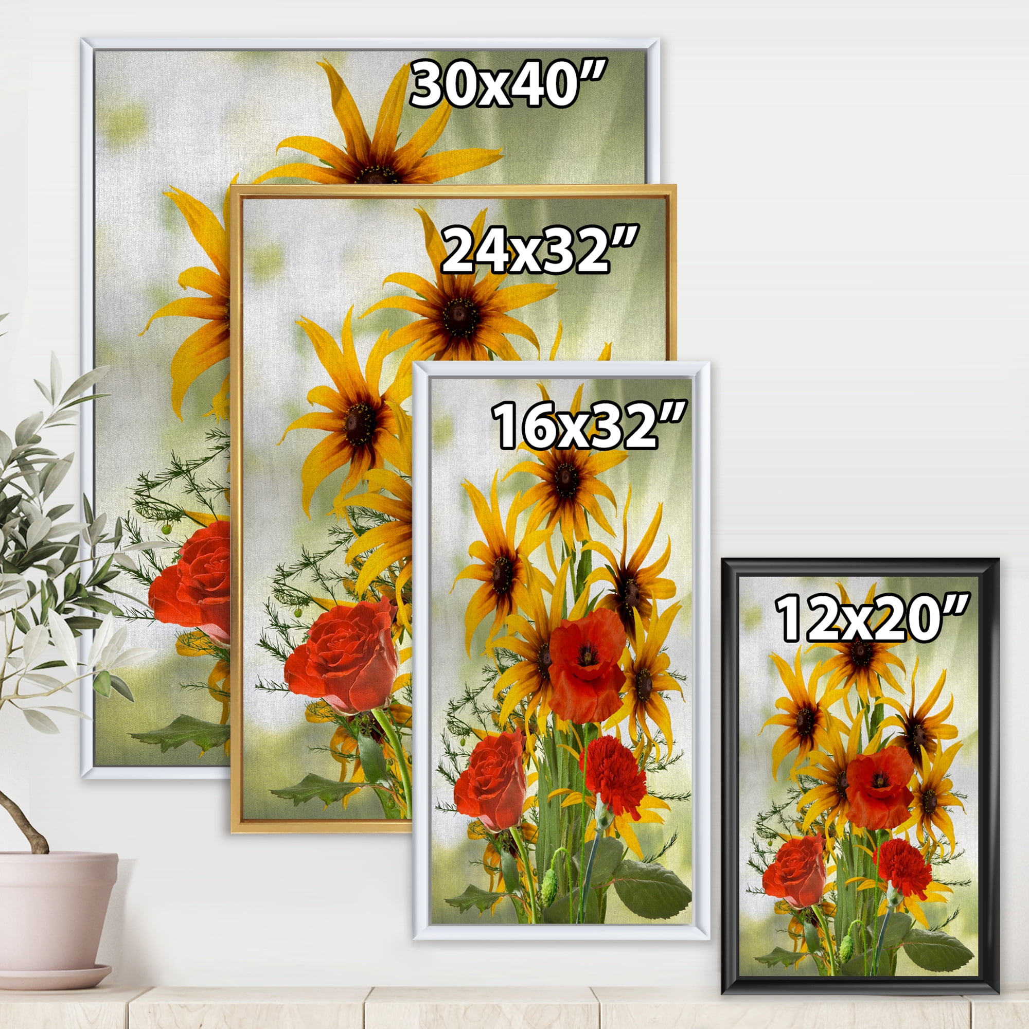 Designart 'Poppies and Sunflowers In The Wild' Traditional Framed Canvas Wall Art Print
