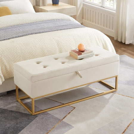 46" End of Bed Bench, Storage Bench with Metal Base Holds up to 500 lbs, Button Tufting Design Velvet Upholstered Bedroom Bench for End of Bed, Livingroom, Entryway, Window, Beige