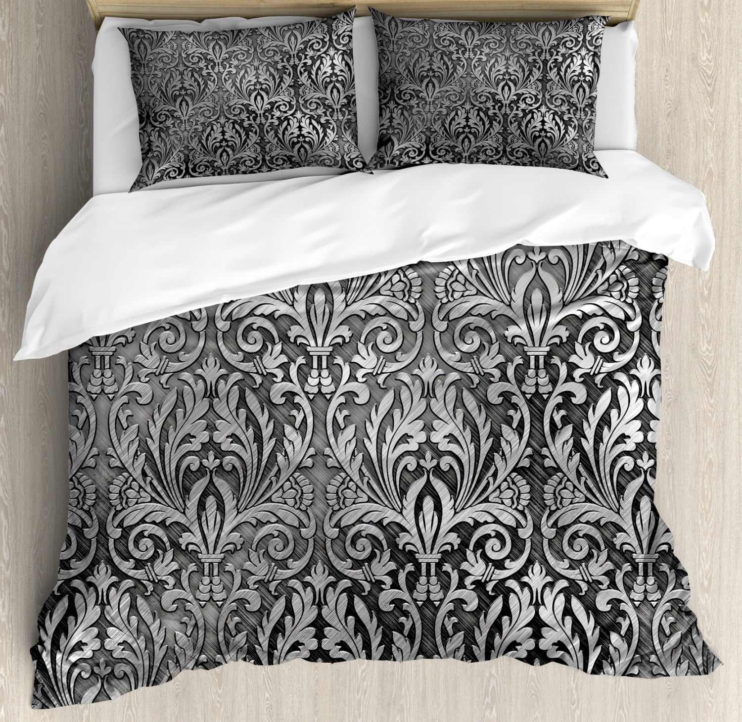 Duvet set empire stripe & damask print grey black quilt cover & pillow cases