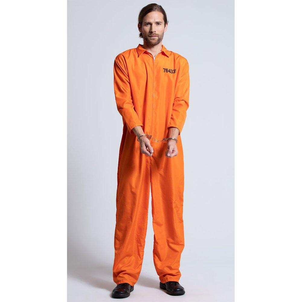 Mens Escaped Prisoner Convict Orange Boiler Suit Costume