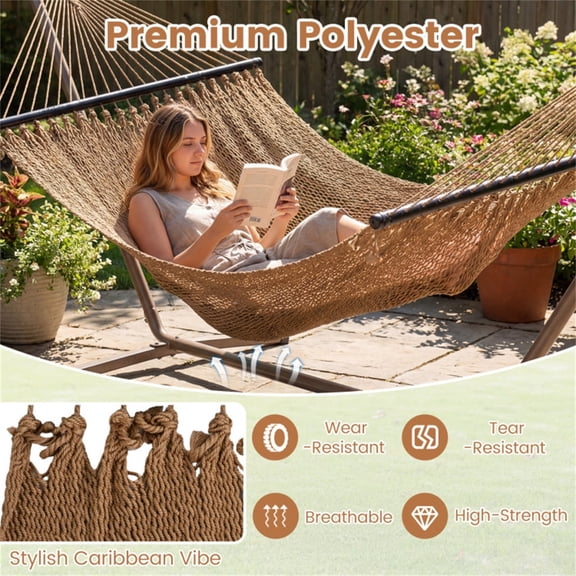 2-Person Polyester Caribbean Hammock with Hardwood Spreader Bars 600lbs Weight Capacity Khaki for Patio Garden