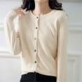 thumbnail image 4 of Winter Acrylic Long Sleeve Cardigan for Women Beige Cover-Up Round Neckline Womens Basic Crew Neck Short Fleece Coat M, 4 of 5