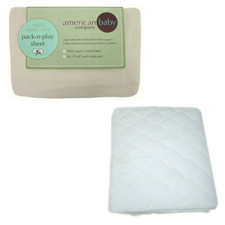 American Baby Company Organic Cotton Knitted Pack N Play Sheet with Waterproof Quilted Portable Crib Mattress Pad