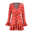 thumbnail image 4 of Femmes Impression Robes Courtes Dames Manches Longues Profonde V-Cou Mini Robe, 4 of 5