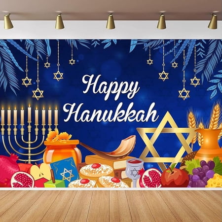 Happy Hanukkah Backdrop for Jewish Chanukah Festive Day Hanukkah Decorations Menorah Blue Shiny Lamps Chanukah Party Background for Photography Jewish Rosh Hashanah Party Supplies Banner 7x5ft