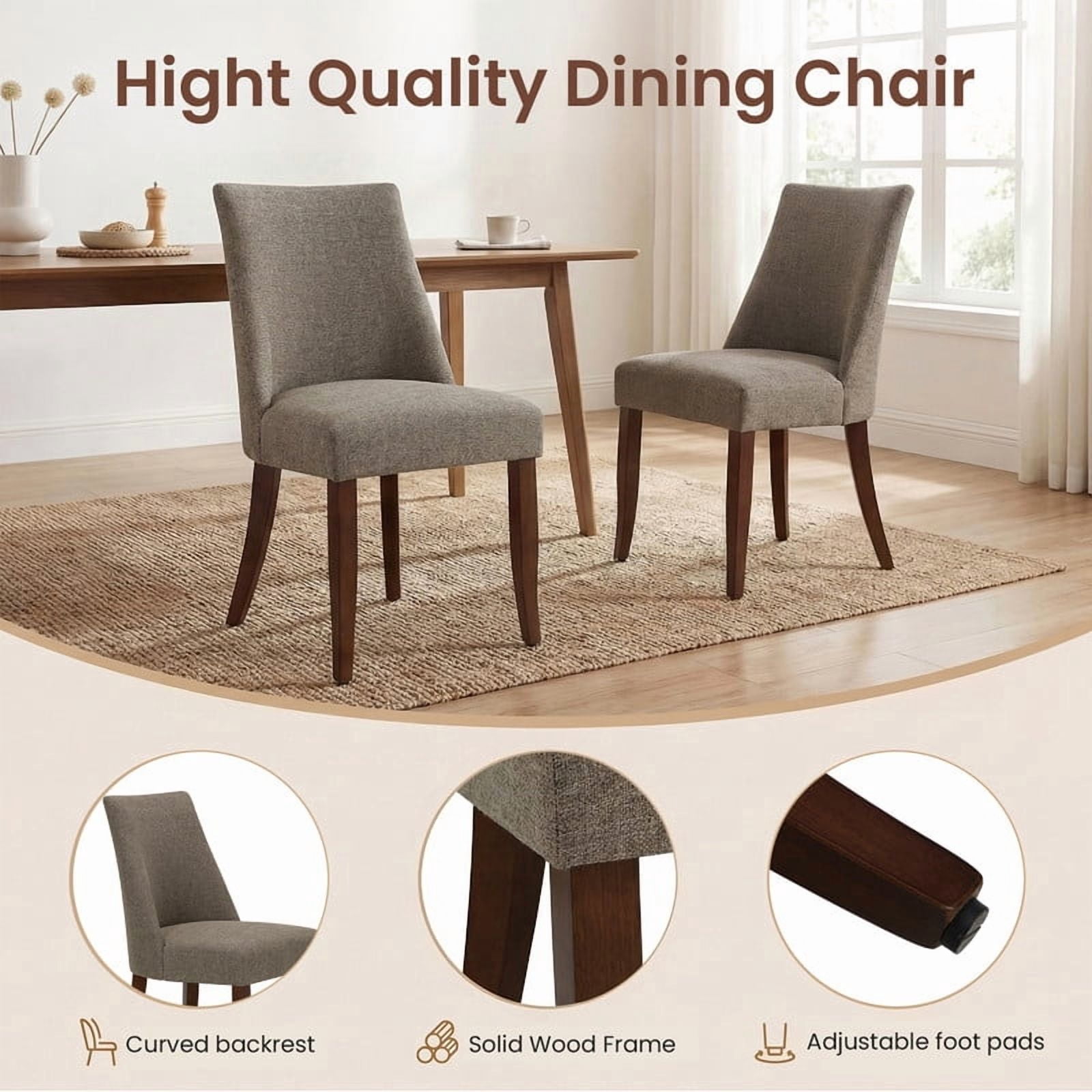COLAMY Upholstered Dining Chairs Set of 2, Mid Century Modern Fabric Kitchen Chairs with 19.88" Seat Height and Wood Legs, Comfy Side Chairs, Brown