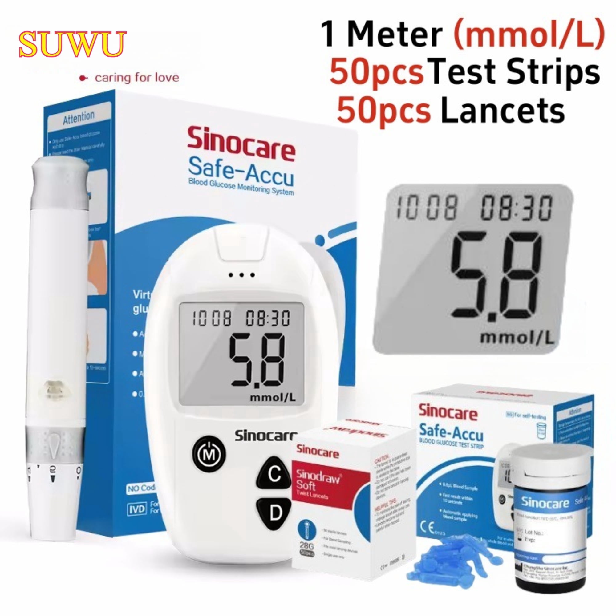 SUWU Blood Glucose Monitor Kit, 100 Glucometer Strips, 100 Lancets, 1 Blood Sugar Monitor, 1 Control Solution, Lancing Device and Carrying Bag