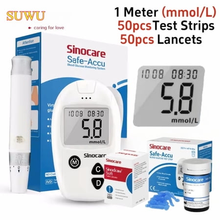 SUWU Blood Glucose Monitor Kit, 100 Glucometer Strips, 100 Lancets, 1 Blood Sugar Monitor, 1 Control Solution, Lancing Device and Carrying Bag