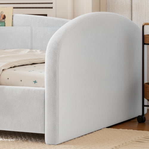 Full Size Upholstered Kids Floor Bed with Curved Headboard, Safety Side Rails & Storage Pocket, Low Profile Playhouse Bed, Light Gray