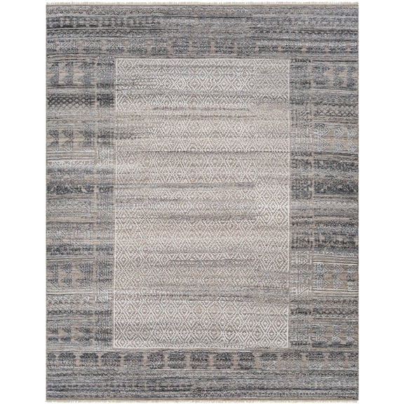 Hauteloom Betha Recycled Material Area Rug - Geometric Border Diamond Distressed Striped - Southwestern Tribal Transitional Traditional Boho - Cream, Black, Silver Gray, Gray, Beige - 2' x 3'