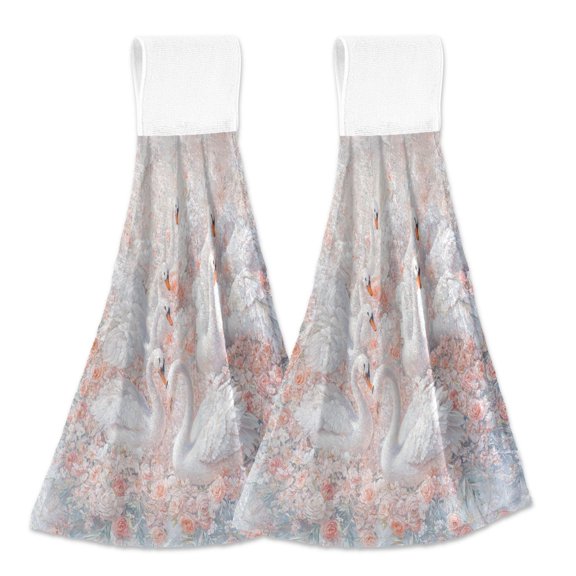 BZSMCE Hanging Hand Towels Fashion Swans in A Floral Serenade Pattern 2-Pack - Velcro Style Bathroom Kitchen Towels