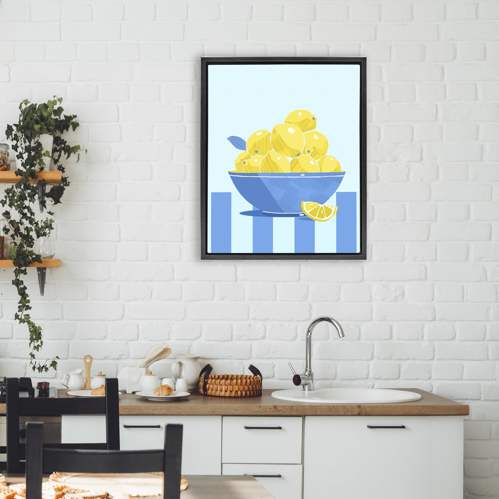 Stupell Industries Yellow Lemon Bowl Striped Black Framed Floater Canvas Wall Art, design by Lucca Sheppard