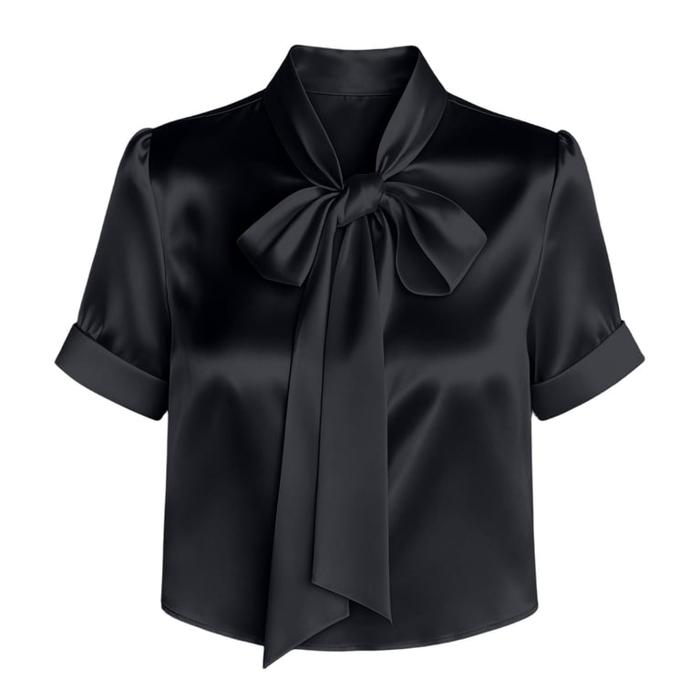トップス S satin bow tie blouse AHTJRT Satin Silk Tops for Women Bow Tie Short Sleeve Blouse