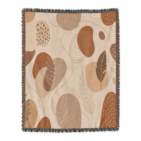 Earth-Tone Abstract Botanical Woven Throw Blanket Cotton with Fringed Edges Modern Organic Decor for Sofa and Bed