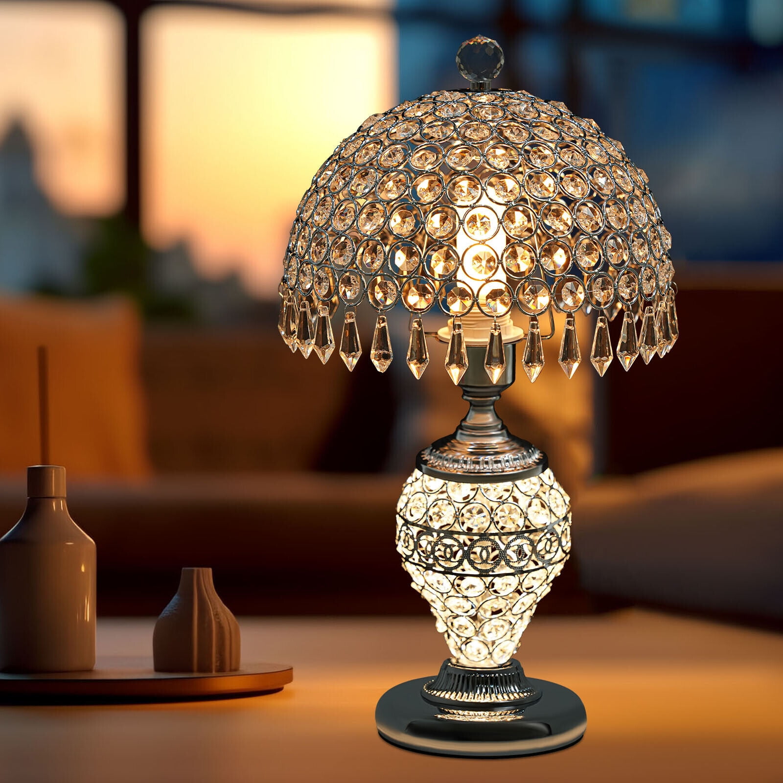 Silver Crystal Table Lamp Vintage Bedroom Nightstand Lamp Deluxe Bedside Lamp for Studies, Living Rooms