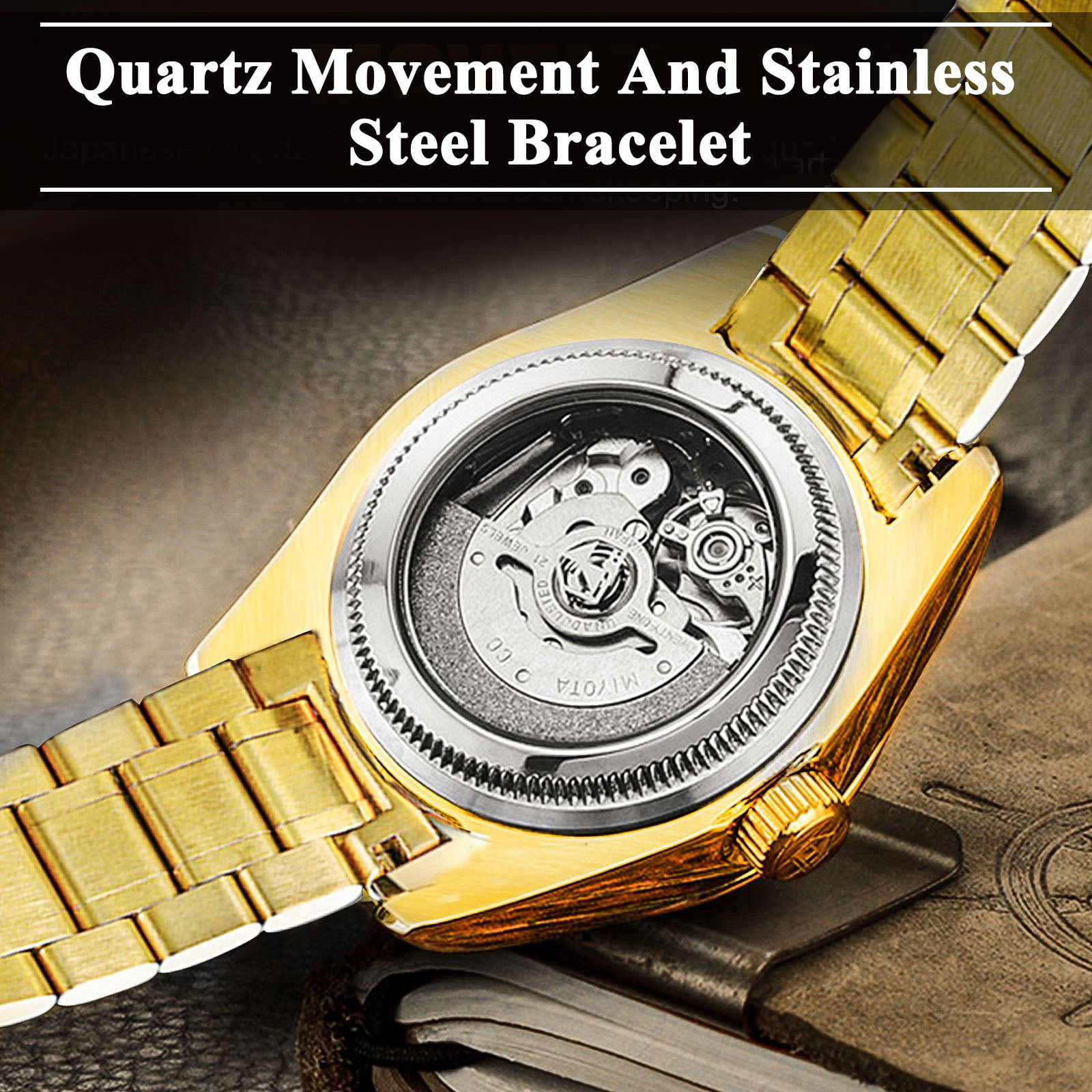 Classic Diamond Gold Watches for Men, Stainless Steel Waterproof Dress Watch, Men's Quartz Analog Wristwatch