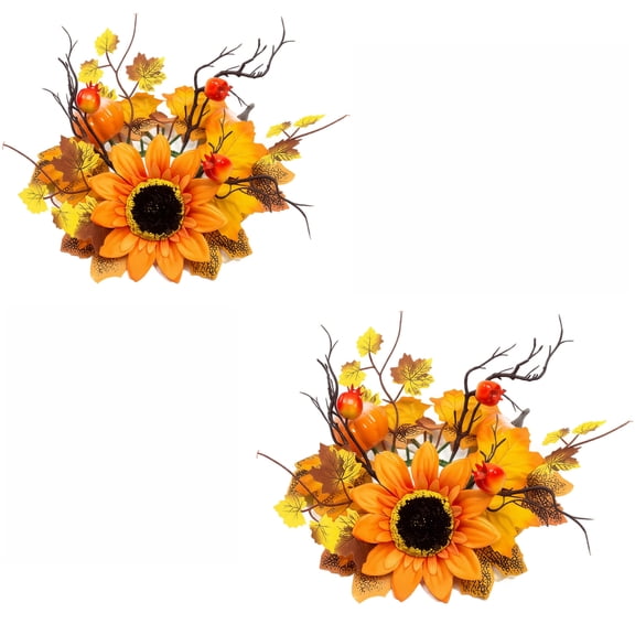 2 Pack Thanksgiving Sunflower Pumpkin Candle Ring with Green Maple Leaf Berry for Fall Home Table Centerpiece Decoration