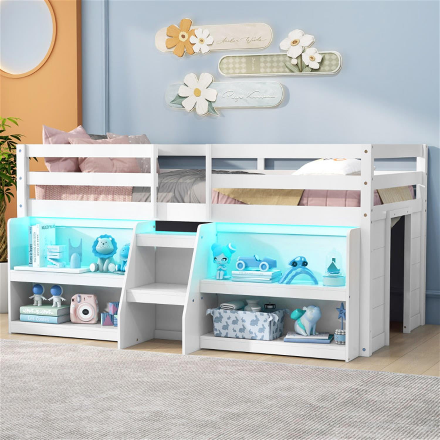 Demi Bonn Twin Size Loft Bed with LED Lights, Wooden Twin Low Loft Bunk Bed with Staircase and Safety Guardrail for Teens, White