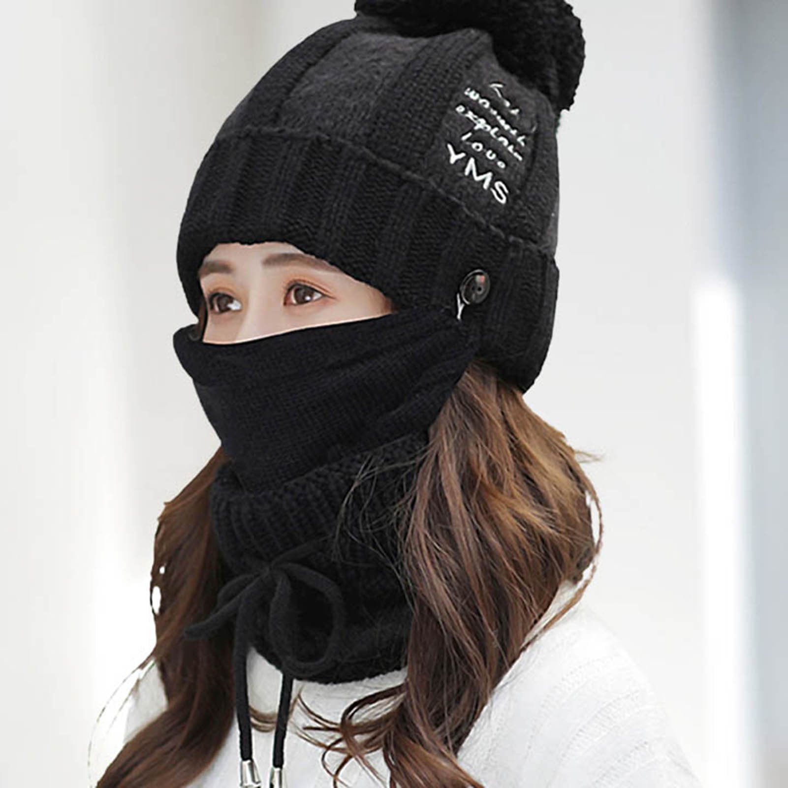 Women Winter Hat Set of 4 , Winter Beanie with Buttons Scarf Facial Cover and Touch Screen Gloves Fleece Lining Kint Hat