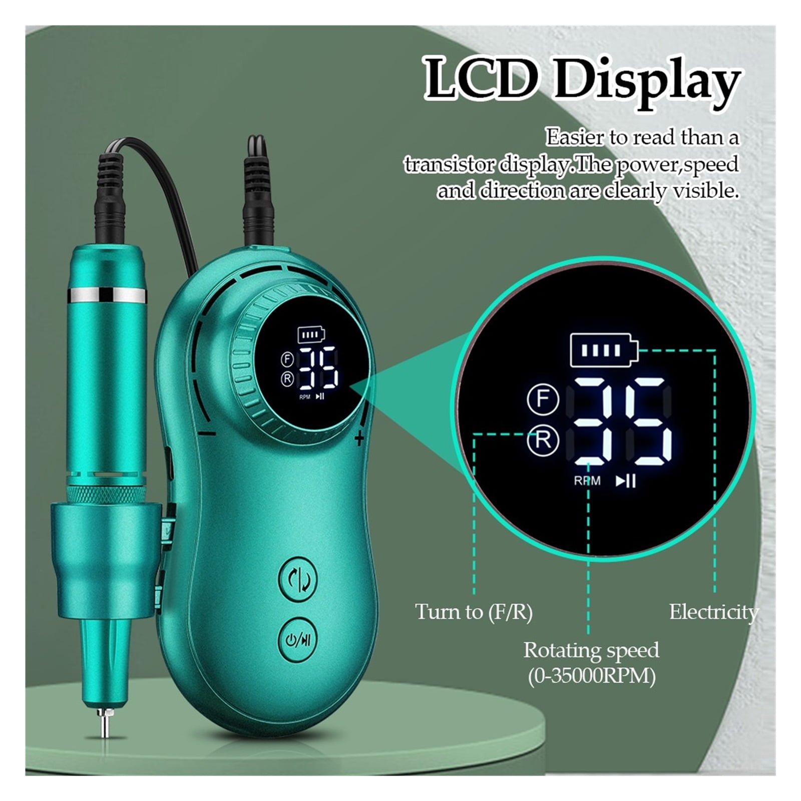 Electric Nail Drill Machine, 35000RPM Manicure Milling Cutter Set, Retro Green Electric Nail Pedicure File For Gel Polish