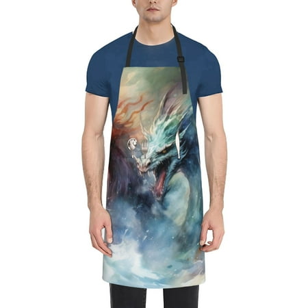 

Qekee Ink Style Wave Dragon Print Waterproof Apron with Pockets Adjustable Cooking Aprons Kitchen Bib for Baking Household Cleaning