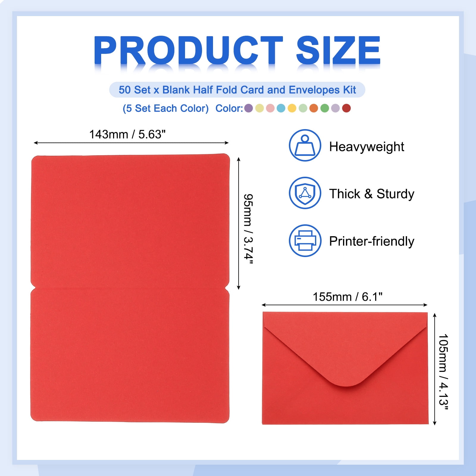 Uxcell Blank Half Fold Card and Envelopes, 50 Set 4 x 6 Inch Blank Folded Cardstock and Printable Envelopes White Greeting Cards for Invitations Wedding DIY Birthday, Multicolor