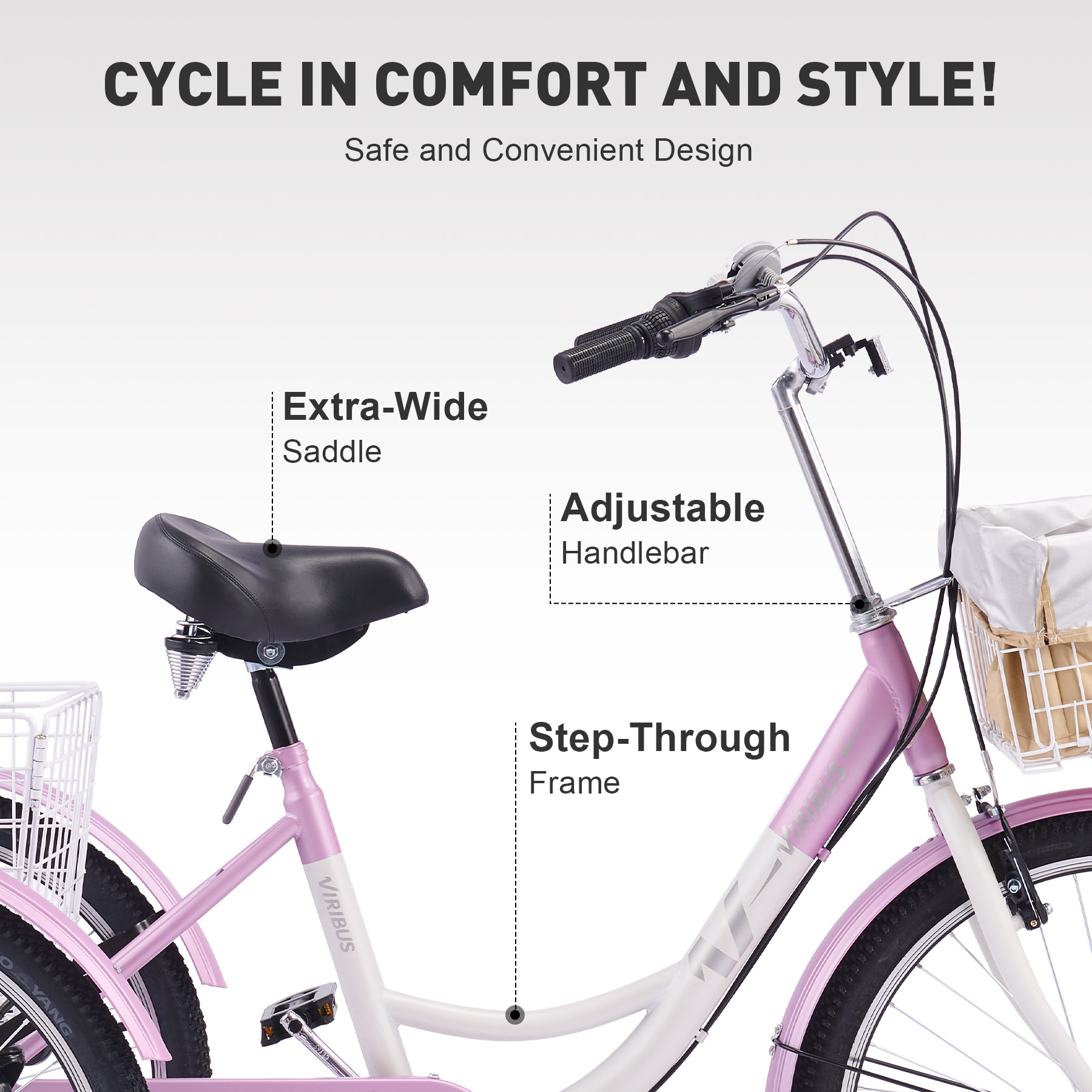 VIRIBUS 24 Inch Adult Trike 7 Speed Bike w Adjustable Seat 2 Baskets Purple White