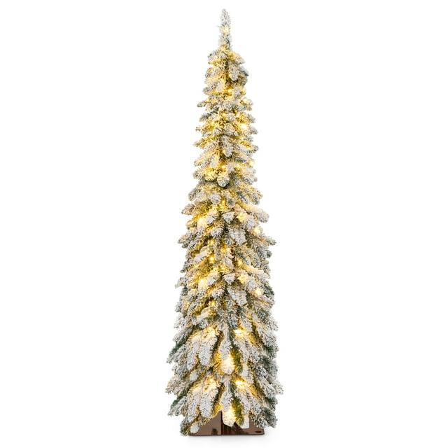 Patiojoy 5FT Pre-lit Artificial Christmas Tree Snow-flocked Xmas Pencil Tree with 334 Branch Tips 150 LED Lights 2 Lighting Colors
