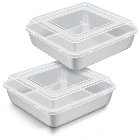 Walchoice 8 x 8 inch Baking Pan with Lid, Stainless Steel Square Cake Pans with Covers, Deep Bakeware Set of 2 for Lasagna Brownie, Silver
