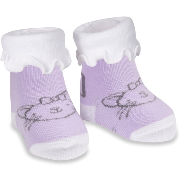 Izzy & Owie - Purple Kitty Soft Newborn 0-3 Month Ruffled Baby Girl Socks