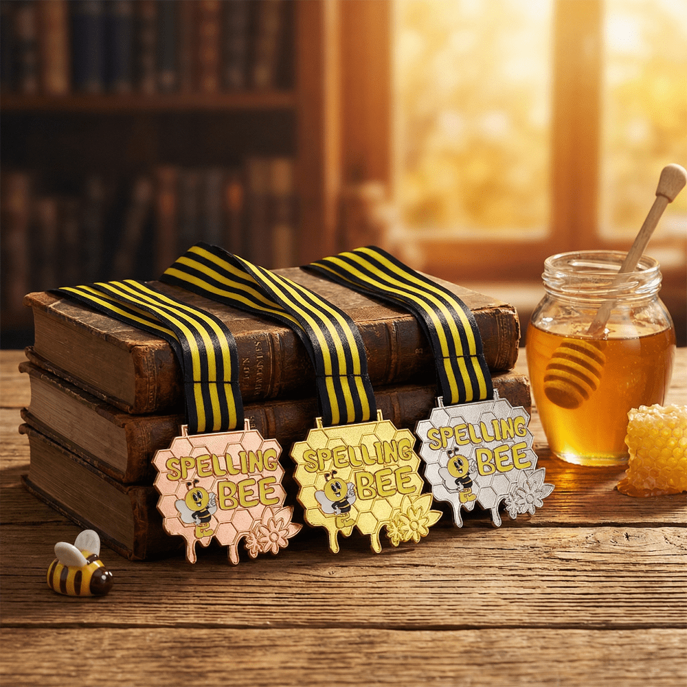 3 Pcs Spelling Bee Honeycomb Medals with Neck Ribbons, Gold Silver Bronze Awards Represents 1st 2nd 3rd Place, Durable Zinc Alloy Medals for Competition Events Party Decorations and Club Activities
