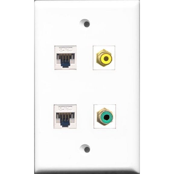 RiteAV 1 Port RCA Yellow and 1 Port RCA Green 2 Port Cat5e Ethernet White Wall Plate
