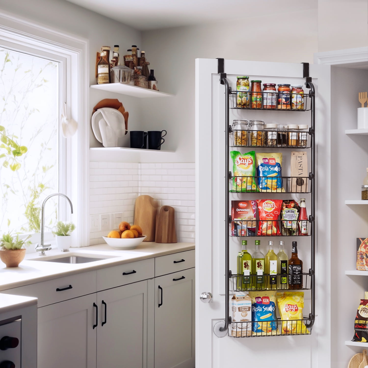 6 Tier Over the Door Pantry Organizer and Storage Rack with 6 Full Baskets, ROSSNY Metal Hanging & Wall Mounted Kitchen Storage Spice Rack-Black