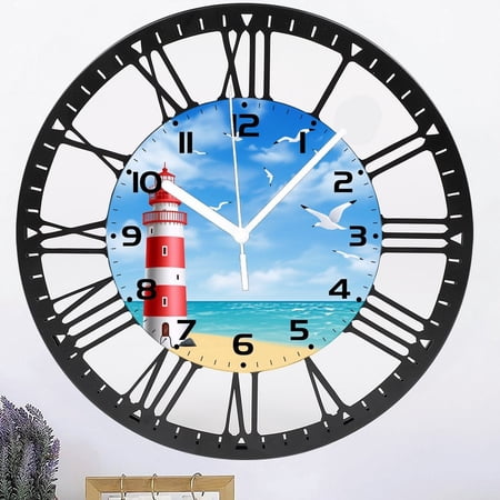 Iron Wall Clocks Battery Operated,Lighthouse Clock for Living Room,Seagull Seaside Decorative Wall Clock for Living Room,Bedroom,Kitchen,10 Inch Style 10×10inch(25×25cm)