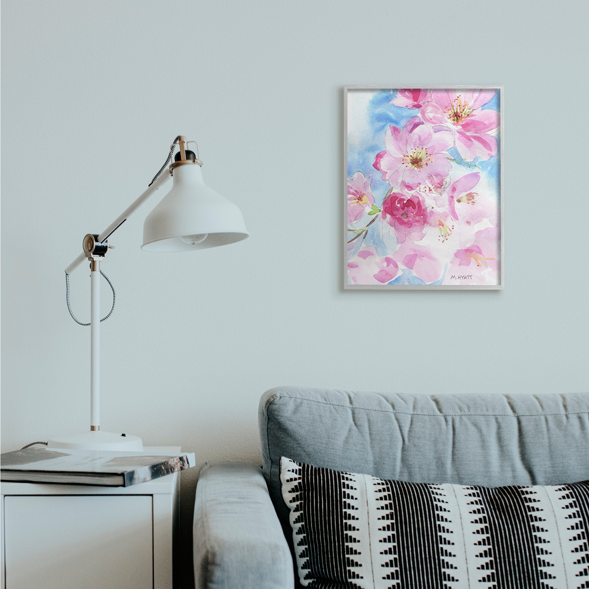 Stupell Industries Cherry Blossom Pink Florals Blooming over Blue Grey Framed, 16 x 20, Design by Melissa Hyatt LLC