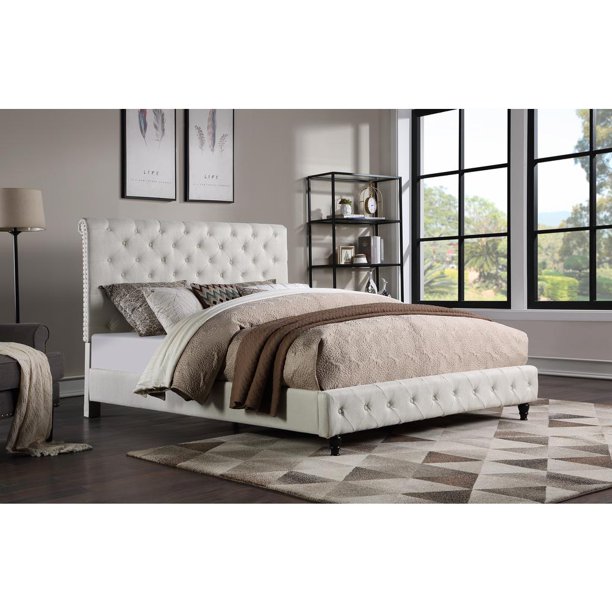 Ashley Modern Tufted w/ Nailhead trim King Bed, Beige