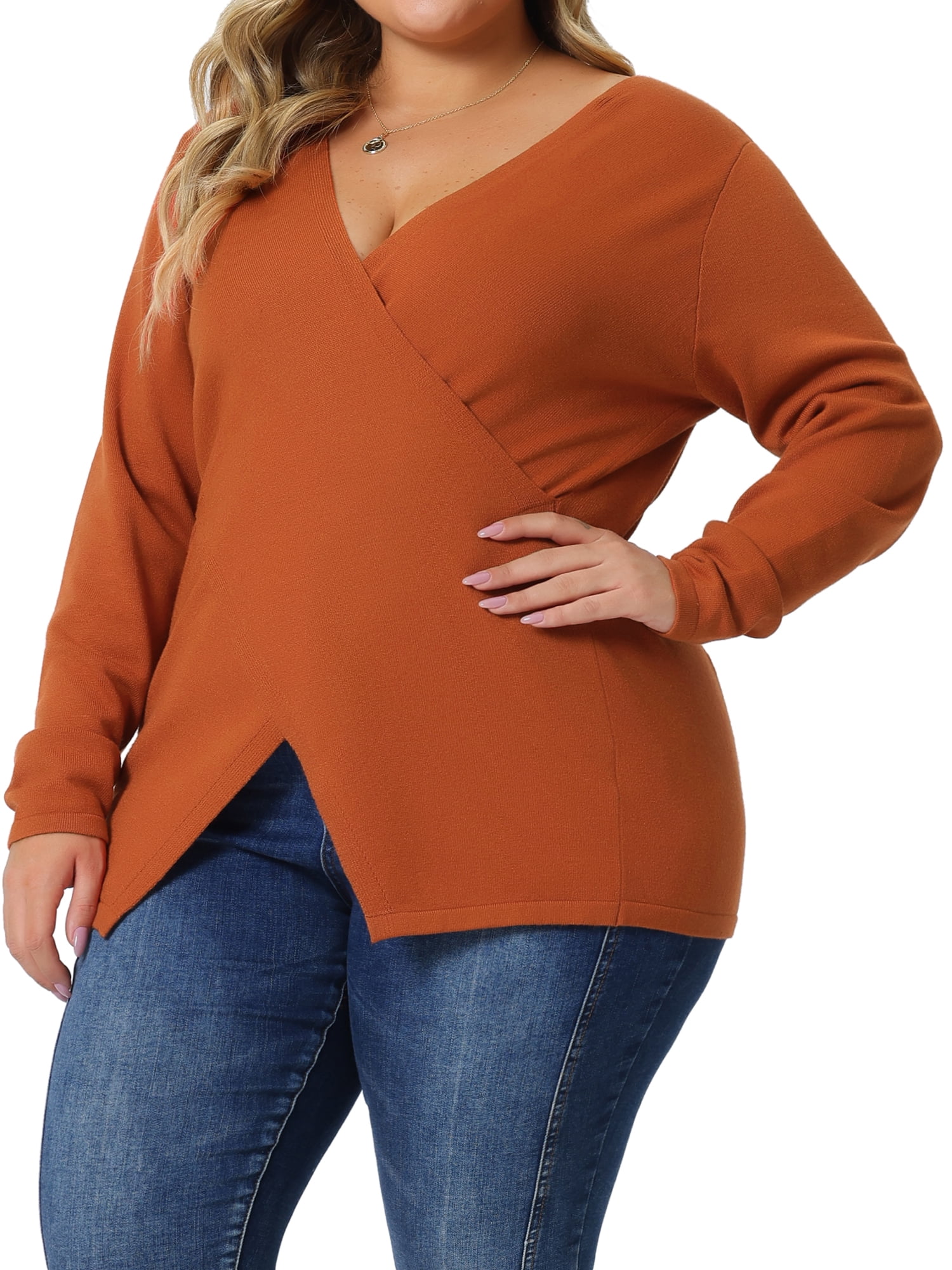Unique Bargains Women's Plus Size Knitted Deep V Neck Wrap Criss Cross Cable Knit Sweater 4X Orange