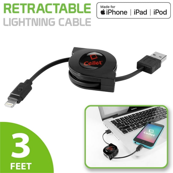 Cellet Apple MFI Certified, Retractable Lightning Data Cable, Compatible for Apple iPhone 14/13/12/11/X/SE/8/7/6/5 Series iPad/Pro/Air/Mini 4,3,2,1, iPod Touch, Nano 7th and all lighting Device