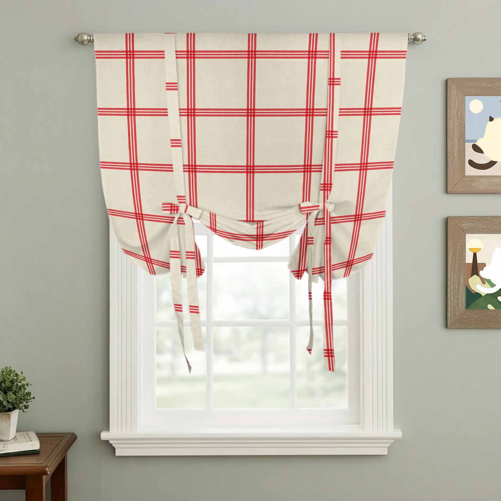 Yellow Buffalo Plaid Balloon Curtains 63 Inch Length for Living Room/Bedroom, Red Lines Grid Pattern Vintage Rod Pocket Privacy Door Curtains Decorative Tie Up Shade for Window 52"x63"