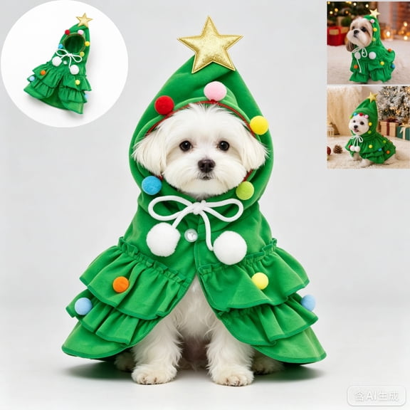 Dog Cat Christmas Tree Outfit, Adorable Tiered Ruffle Hooded Costume with Glitter Star and Color Pom Poms, Pet Xmas Apparel for Small Pets Holiday Cosplay ,Green,L