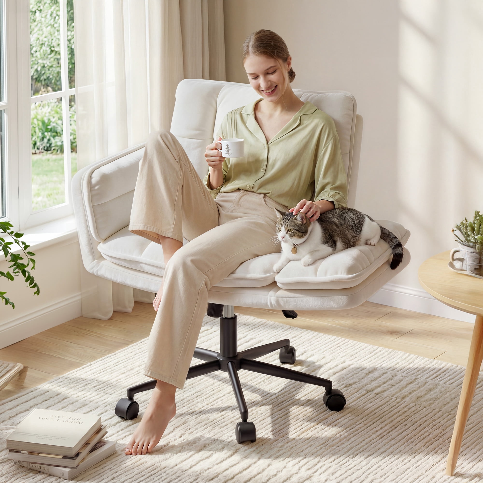 Romorgniz Criss Cross Chair with Wheels Plush Fleece Vanity Chair with 5-Gear Adjustable Armrests Ergonomic Office Chair for Home Office,White