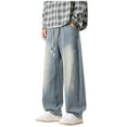thumbnail image 3 of Xcmzpl Big and Tall Wide Leg Jeans for Men Fleece Lined Distressed Denim Pants Drawstring Elastic Waist Warm Outdoor Jenas with Pockets, 3 of 8