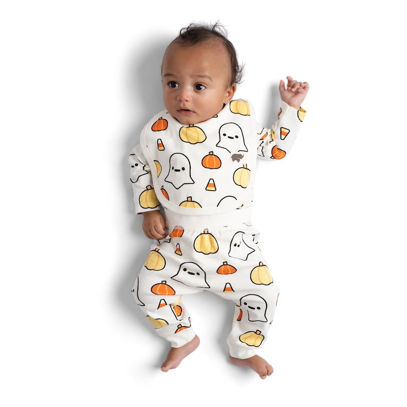M+A by Monica + Andy Organic Cotton Gender Neutral Halloween First Moves Bodysuit + Groove Pant + Bib Set, Sizes Newborn -24 Months