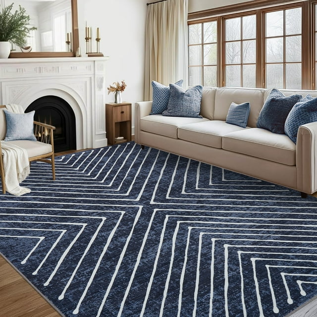 HIWEAVER Large Washable Rug 9' x 12' Area Rug for Living Room Modern Geometric Striped Non Slip Neutral Indoor Decor Carpet, Navy