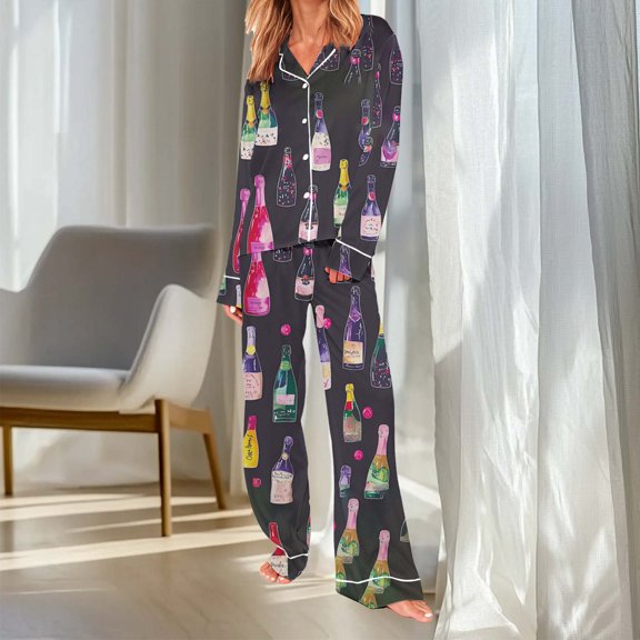 Dianli Pajama Set Sleepwear Women Casual Printed Long Sleeve Lapel Top And Relaxed Pants Soft Breathable Blend Comfortable Homewear Nightwear Loungewear